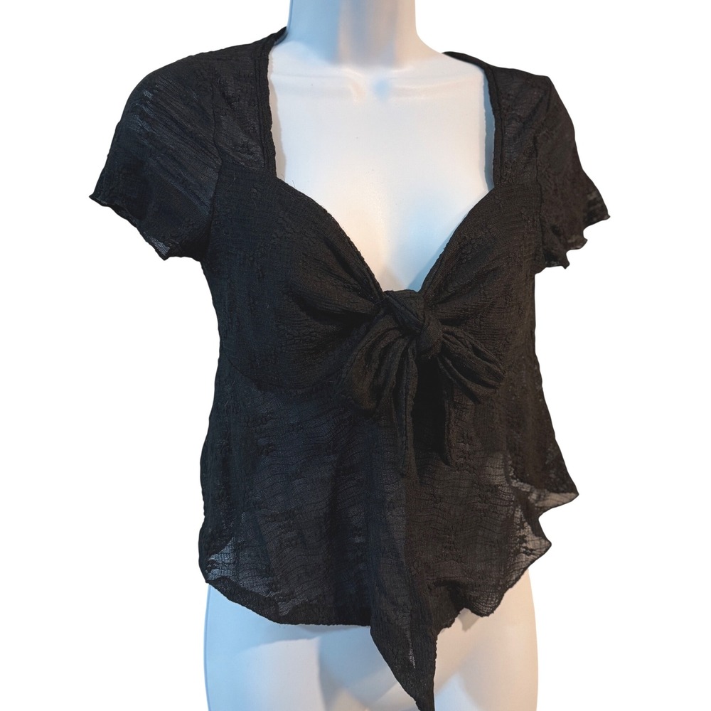 Women Black Lace Tie Front‎ Bow Sheer Textured Short Sleeve Blouse Top Medium